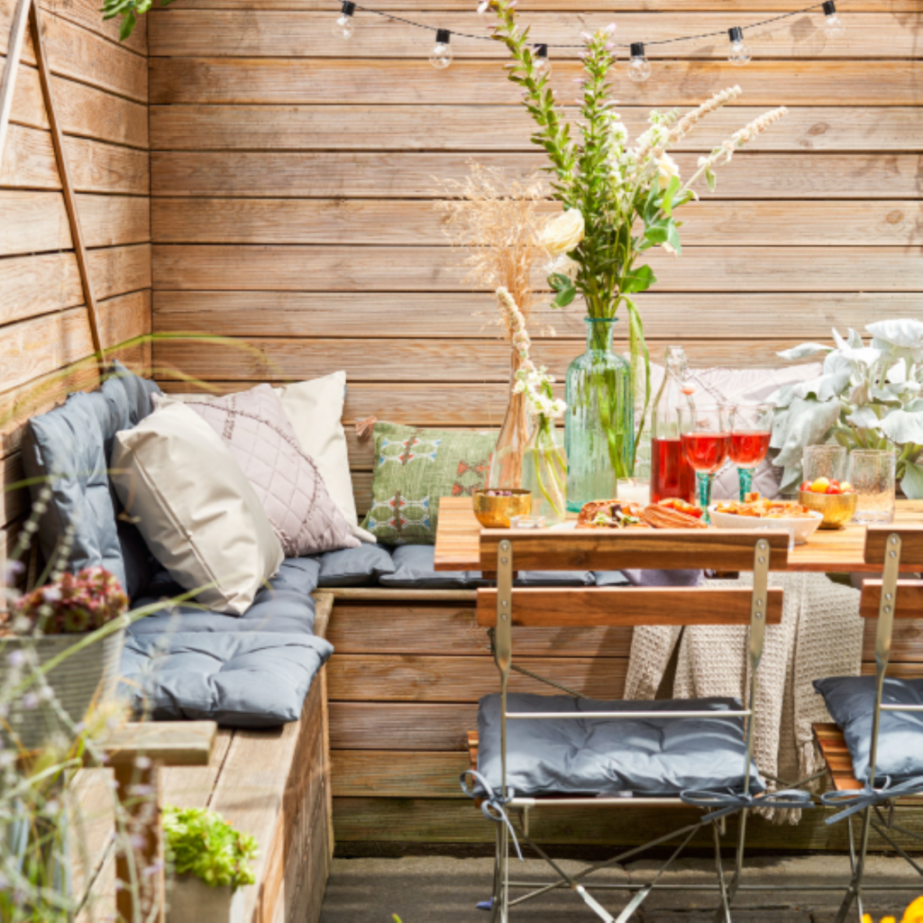 Zona de luat masa in aer liber cu banchete