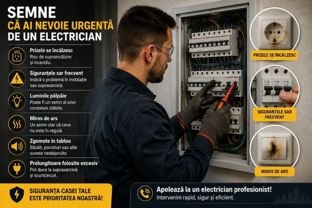 Electrician care verifică tabloul electric și semnele unei probleme la instalația electrică