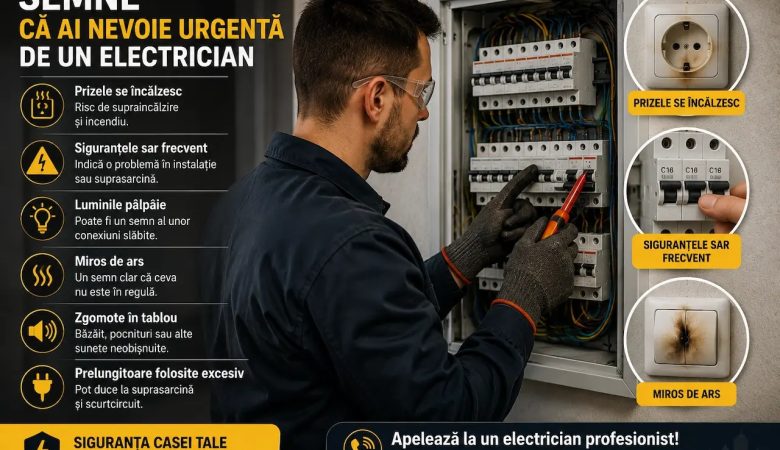 Electrician care verifică tabloul electric și semnele unei probleme la instalația electrică